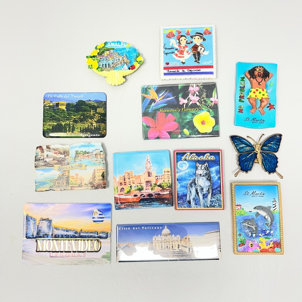 Mixed Travel Souvenir Magnets Lot of 12 Amalfi Alaska Vatican Tropical Scenic